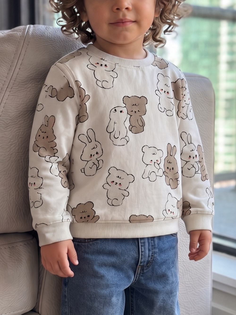 H&M Unisex Cream Sweatshirt with Brown Bear & Bunny Print Size 6